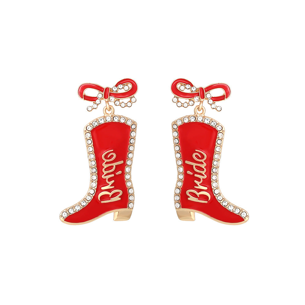Wholesale Bow Oil Dripping Diamond Western Style BRIDE Cowboy Boot Earrings